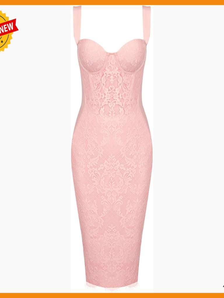 Lace Fishbone Midi Cocktail Dress With Back Slit Bandage Bodycon